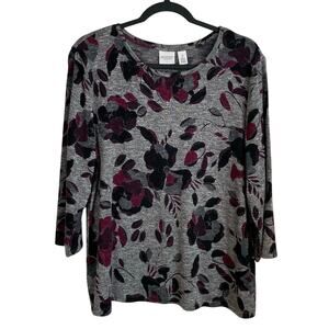Weekends by Chico's Floral Top 3/4 Sleeves Sz L Gray Burgundy Soft Casual